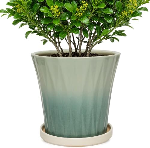 10 Inch Ceramic Planters with Drainage Hole and Saucer,Indoor Outdoor Large Flower Pots, Garden Pot for Plant Lovers (Wave Green) by Unknown