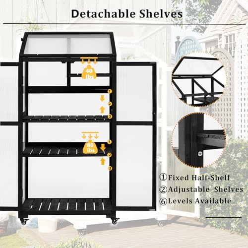 62inch Wooden Greenhouse Cold Frame, Garden Fir Wood Portable Green House Cabinet with Wheels and Flip-Top Roof, Flower Plants Shelf for Outdoor Indoor, Black - Image 3
