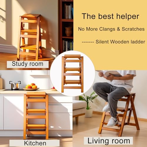 Latifolia Foldable 3 Step Ladder, Wooden Step Stool with Floor Saver, Decorative Ladder Shelf for Living Room, Kitchen, Garden(Walnut) - Image 4