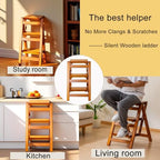 Latifolia Foldable 3 Step Ladder, Wooden Step Stool with Floor Saver, Decorative Ladder Shelf for Living Room, Kitchen, Garden(Walnut) - Image 4