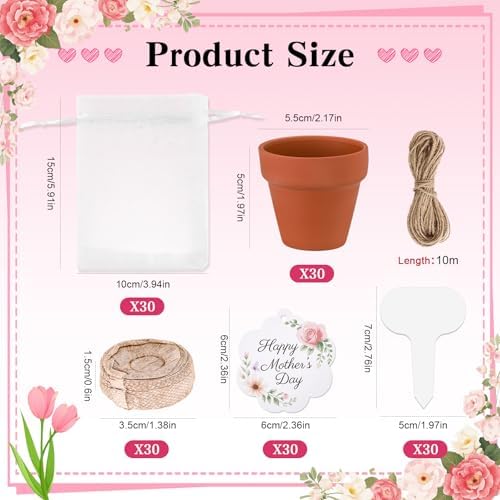 30 Sets Happy Mother's Day Appreciation Gifts Party Favors Mini Terracotta Flowerpot Planting Kit with Seedling Soil Blocks, Labels, Mother's Day Cards & Organza Bags for Mom Gardening Gift - Image 2