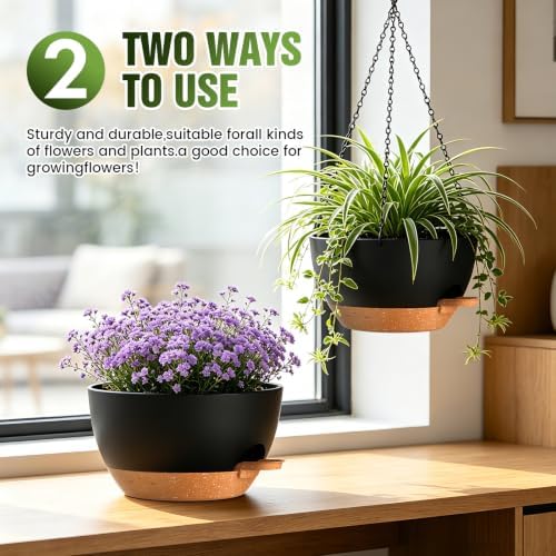 13 Inch Large Self Watering Hanging Planters 2 Pack with Saucers - Image 3