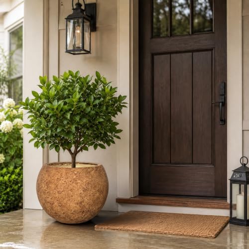 17" H x 21"Dia Brown Fiberstone Planter Pot with Drainage Hole, Large Round Handcrafted Decorative Flower Pot for Indoor Outdoor Plants, Rustic Stone-Look Planter for Patio, Porch, Garden & Home Décor - Image 2
