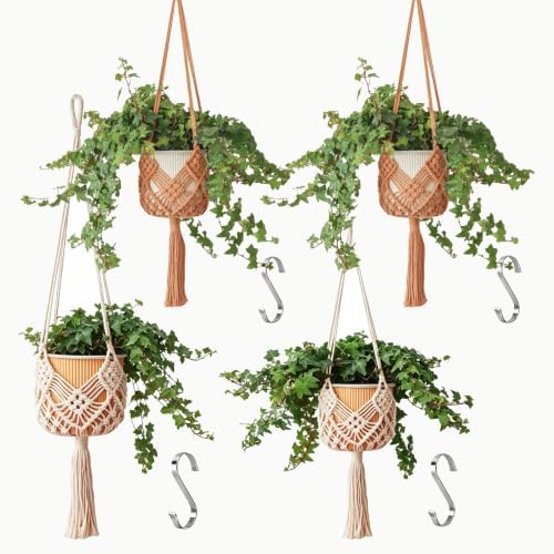 Hanging Planter with Patterns,4Packs Macrame Plant Hangers Indoor Macrame for up to 8 inch Pot Crochet Boho Plant Hanger Holder for Indoor Outdoor with 4 Stainless Steel Hooks (4Pcs Caramel & White) by XINBOR