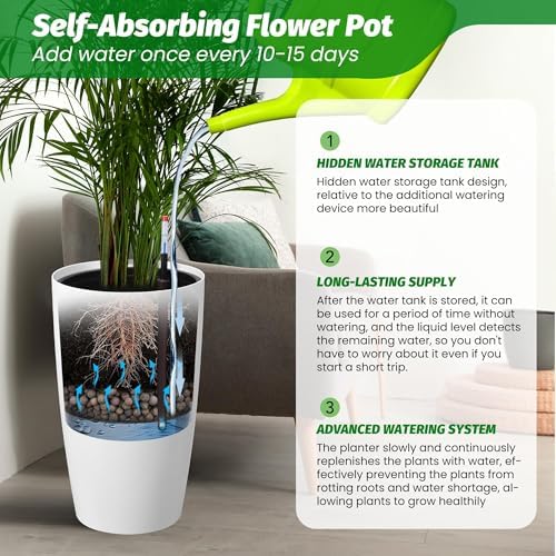 Self-Watering Tall Planter Set – 2 Large 21.7" Plastic Flower Pots with Drainage, Water Level Gauge, Built-in Handle – for Indoor & Outdoor, Patio, Porch, Living Room, Office – White - Image 6