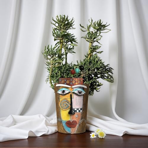 Picasso Abstract Face Flower Pot,Plant Pot with Facial Expressions,Handmade Resin Plant Pot with Drainage Holes,for Indoor and Outdoor Botanical Home décor (Brown Large) - Image 6