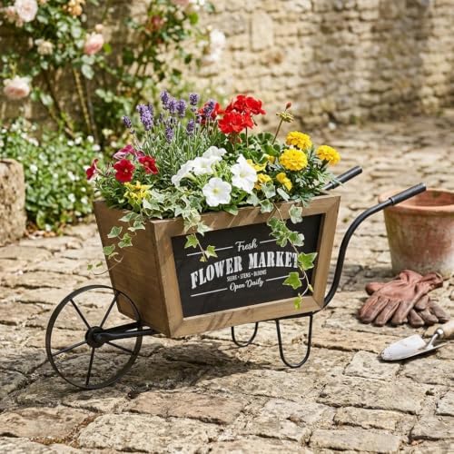 Wheelbarrow Planter with Iron Frame, 19.5 Inch, Brown and Black by Noeko