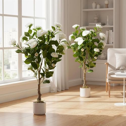 Artificial Camellia Trees, 3FT Faux Camellia Plant in Pot with Flowers - Image 5