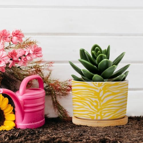 Tiger Print Yellow Pink Ceramic Planter Animal Tiger Print Snake Plant Live Indoor with Pot with Drainage Holes and Saucers Pot for Home Office Desk Garden - Image 5