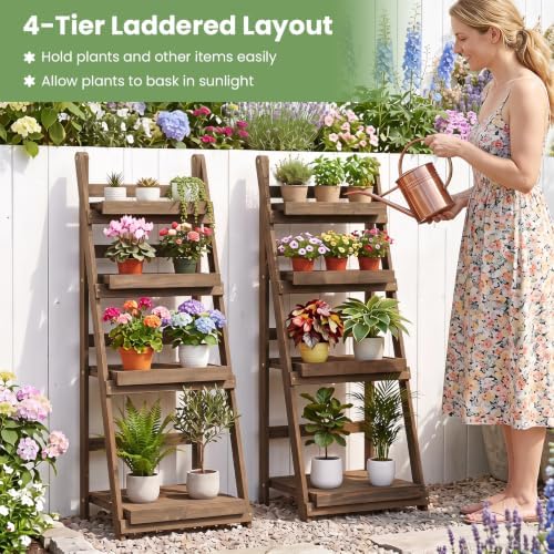 GIANTEX Foldable Wooden Plant Stand, 4-Tier Ladder Plant Shelf, Brown - Image 3