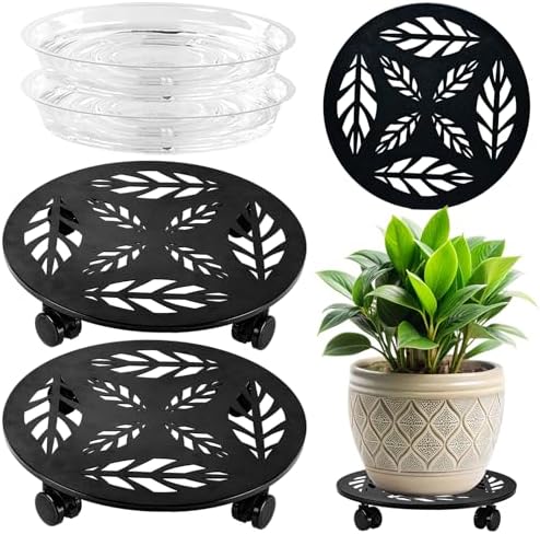 Planterhoma 2 Packs 14 Inch Rolling Plant Stand with Wheels Metal Plant Caddy with Wheels Heavy Duty Plant Rollers with Wheels Round Wrought Iron Plant Stand with Clear Saucers, Matte Black by Planterhoma