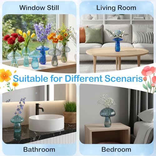 7 Pcs Glass Mushroom Vase Propagation Station with Hydroponic Plant and Artificial Fake Moss 6 Colored Plant Vase Table Centerpiece Decor for Forest Birthday Wedding Party Decoration (Blue) - Image 3