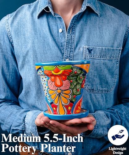 Talavera Planter - Mexican Ceramic Pot with Drainage (Turquoise-Medium) - Image 4