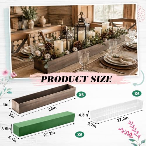 Dandat 6 Set Wood Boxes for Centerpieces 28x5 Inch Rectangle Wooden Planter Box Rustic Wooden Planters with Removable Plastic Liner Floral Foam Blocks for Christmas Wedding Home Garden Decor(Brown) - Image 2