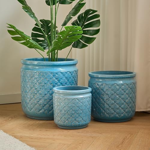 Ceramic Planters Set, 15/12/9 in Large Flower Pots, Antique Blue by GMUltra