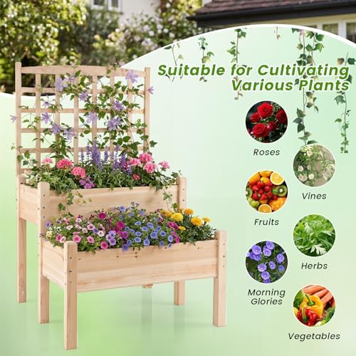 GIANTEX Raised Garden Bed with Trellis, 2-Tier Elevated Planter Box for Climbing Plants, Flowers, Vegetables, Herbs, Outdoor Wooden Vertical Garden Bed with Drainage Holes, for Patio Backyard Balcony - Image 7