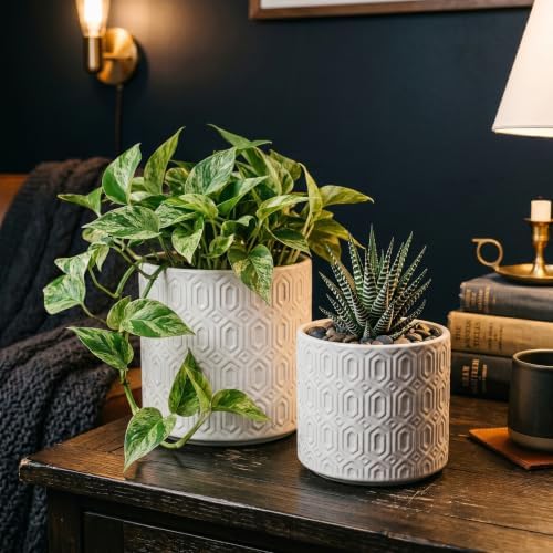 Planters, White Ceramic with Geometric Pattern, Set of 2 - Image 6