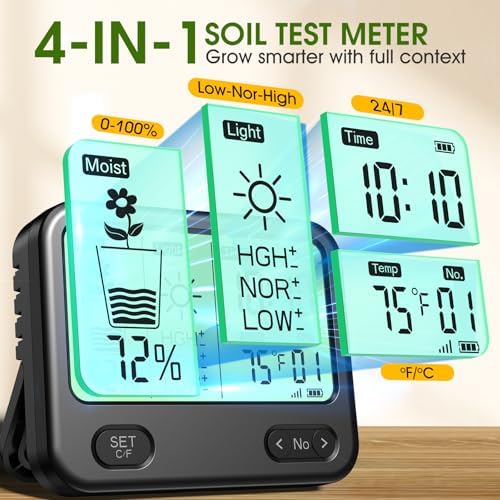 Soil Moisture Meter for Plants,4-in-1 Wireless Soil Tester,Soil Thermometer/Moisture/Sunlight Time,Large Screen,Indoor/Outdoor Plant Water Meter,Garden Soil Test Kit for Lawn,Farm,Houseplants - Image 4