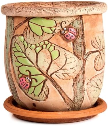 STP GOODS Ceramic Pot with Drainage Hole and Saucer, Plant Pots, Modern Decorative Planters for House Plants Indoor Flowers Plants, Cute Flower Pot - Gifts (Ladybugs (1.6 L)) by STP-Goods
