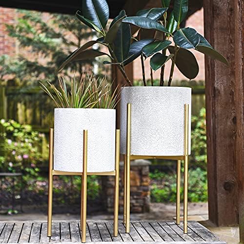 Main + Mesa Modern Boho Embossed Metal Planters with Stands, White and Gold, Set of 2 Sizes - Image 4