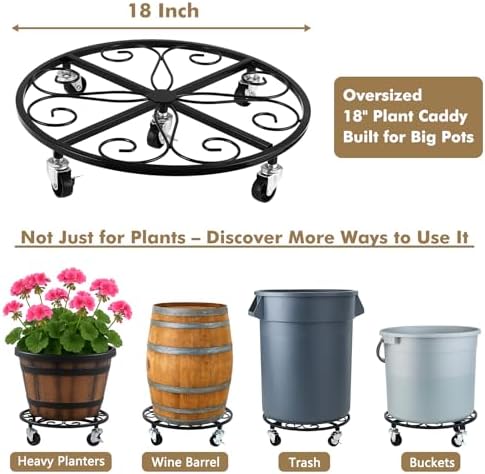 6 Pack Plant Caddy with Wheels 18 Inch Rolling Plant Stand for Large Plants Heavy Duty Plant Rollers Metal Plant Dolly Rustproof Planter Stand Wrought Iron Plant Stands Flower Cart Outdoor - Image 3