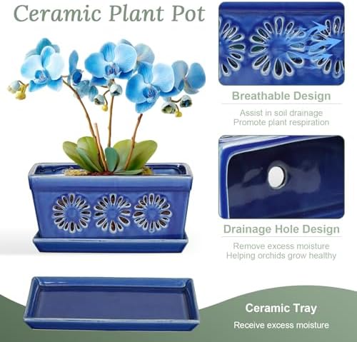 EFISPSS 10 Inch Orchid Pot, Ceramic Orchid Pots with Holes, Indoor Flower pots with Drainage and Saucer, Plant Pots Enhance Good Ventilation - Blue - Image 4
