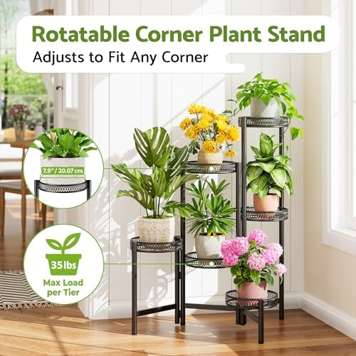 6 Tier Large Plant Stand Indoor with 7.9-Inch Wide Drainage Tray, Tiered Corner Metal Outdoor Flower Display Holder Shelf, Folding Tall Rack for House Patio Porch Balcony Graden - BlackFlower - Image 2
