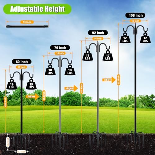 Gtongoko Bird Feeder Pole for Outdoors Heavy Duty, 108 Inch Double Shepherds Hook with 5-Prong Stable Base, 3/4 Inch Thick Hummingbird Feeder Stand for Hanging Plants, Lanterns, 1 Pack - Image 2