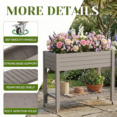 Outdoor Patio Raised Garden Bed Elevated Planter Box Resin Plant Stand Gardening with Storage Shelf Legs Wheels Drainage Water Gauge Light Brown - Image 7