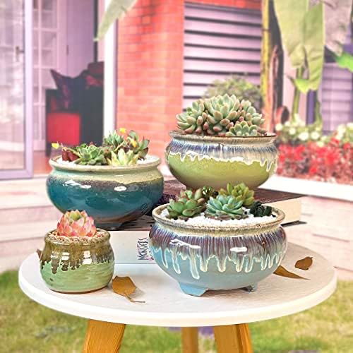 7 Inch Glazed Terracotta Plant Pot Round Ceramic Succulent Planter Pot with Drainage and Saucer Cactus Clay Pot (Green Flowing Glaze) - Image 3
