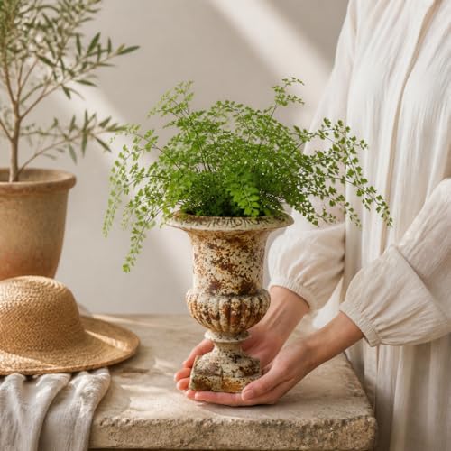 Small 9.1'' H Vintage Urn Planter, Distressed Retro Tabletop Flower Pot with Drainage Hole, Lightweight Decorative Pedestal Planter for Indoor Plants, Office Desk, Shelf, Patio Table Decor - Image 2