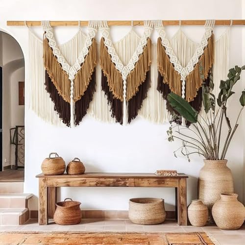 Macrame Wall Hanging Brown Tassel Knotting Fiber Art Boho Decor 47" W*25" L - Image 3