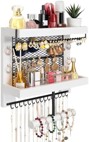 Pinzoveco Hanging Jewelry Organizer Wall Mounted With Wall Jewelry Organizer Holder For Necklaces Bracelet Earrings Ring (White) by Pinzoveco