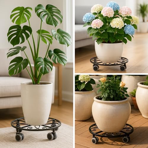 Planterhoma 8 Pack Plant Caddy with Wheels & Saucers, 11.8" Heavy Duty Metal Rolling Plant Stand, Plant Dolly with Lockable Casters, Rustproof Iron Planter Mover for Indoor Outdoor, Black - Image 6