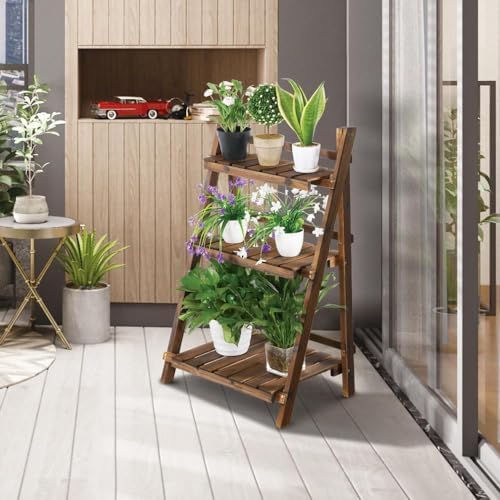 Topeakmart Wooden Plant Stand, 3 Tier Foldable Ladder Plant Stand in Brown - Image 3