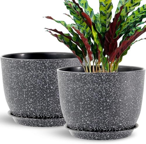 Flower Pots 12 Inch Set of 2, Plant Pots Pots for Indoor Plants, Planters for Outdoor Plants 12 Inch Pots for Plants with Drainage and Saucers, Speckled Black by SESUN-E