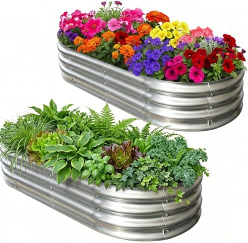 Galvanized Raised Garden Bed for Outdoor: 4X2X1ft Durable Metal Vegetable Plant Container Kit - Oval Planter Box for Gardening Flower Trough （2 Pack） by Unknown