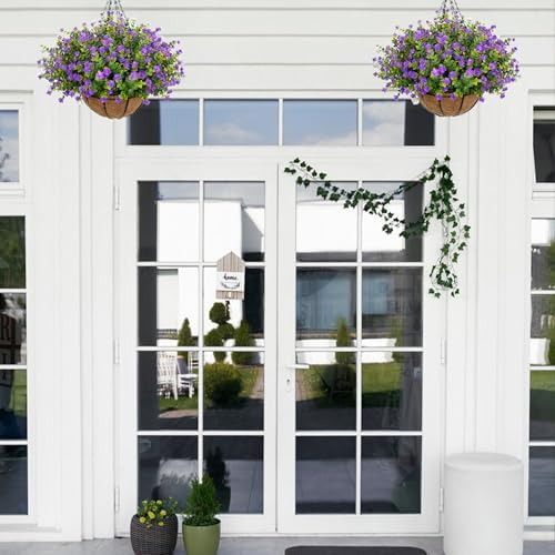 NETAP Artificial Hanging Flowers Basket for Outdoor, 16 Fake Flowers Look Real UV Resistant, Faux Hanging Plants for Porch, Balcony, Patio, Garden, Spring Summer Decor,Purple - Image 2