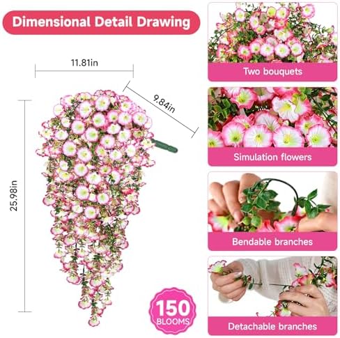 Artificial Hanging Flowers for Outdoors, 4 PCS 600 Blooms UV Resistant Morning Glory Faux Silk Vines, No-Odor Realistic Fake Plants for Garden Planter Porch Patio Decoration, Pink - Image 3