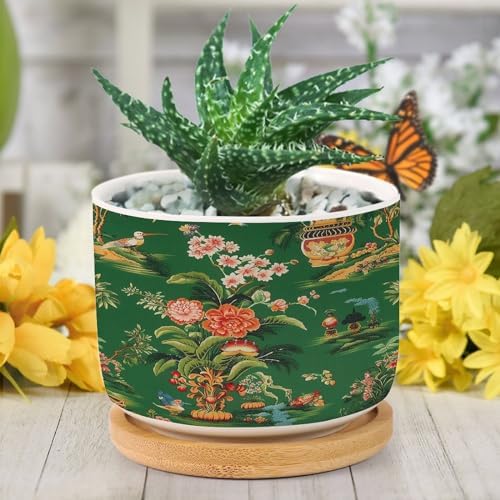 Vase Green Chinoiserie Planter Ceramic Daily Round Flower Pot with Drainage Holes and Bamboo Tray Pot for Indoor Outdoor Garden - Image 6