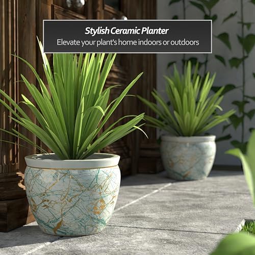 Red Lantern 14" Abstract Green & Gold Fishbowl Planter or Cachepot for Indoor/Outdoor Use in Garden Entryway Living Room Boho Eclectic Modern Contemporary Classic Traditional Style Decor - Image 2