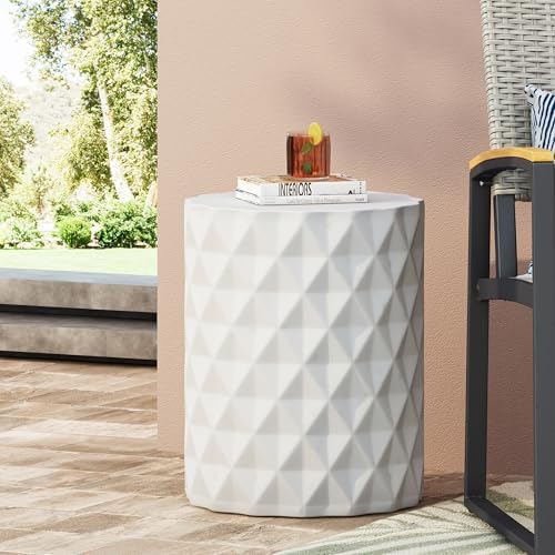 ø15.25'' Concrete Side Table End Table for Outdoor & Living Room, Durable and Lightweight, Cement Material, Geometric Dimensional Diamond Pattern, No Assembly, Antique White - Image 4