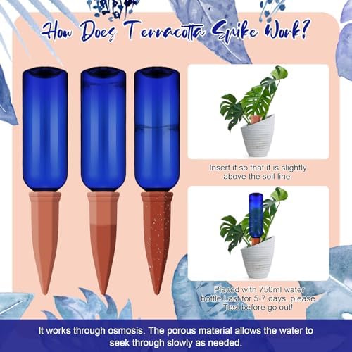 Teenyyou 12 Pcs Watering Spikes for Indoor Plants Include Terracotta Self Watering Spikes Devices and 26 oz Plastic Bottles Slow Release Vacation Insert Automatic(Blue) - Image 3