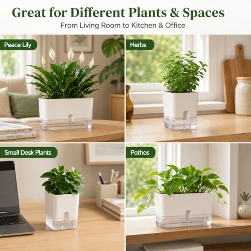 Planterhoma Self Watering Plant Pots for Indoor Plants 10 inch, 3 Packs Rectangle Self-Watering Planters with Drainage Hole, White African Violet Pots for Devil's Ivy, Spider Plant, Orchid, Herb - Image 6