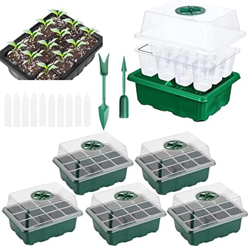 Seed Starter Trays, Reusable Seed Starter Tray 12 Holes,with Air Vent Humidity Dome and Drain Hole Base for Seedling, Seed Growing and Seed Starting,7.3 x 5.7 x 4.3 inches (5 PCS-Green) by Unknown