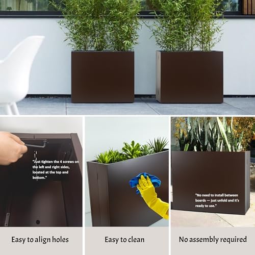 Metal Planter Box, No Installation Galvanized Steel Folding Rectangular Planter with Drainage Holes, 35.5"x 10"x 28" Brown Outdoor Planter for Porch/Patio/Garden - Image 3
