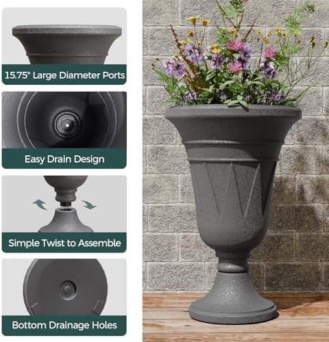 Tall Plastic Urn Planters and Pedestal - 24" Outdoor Planter Grey - Image 3