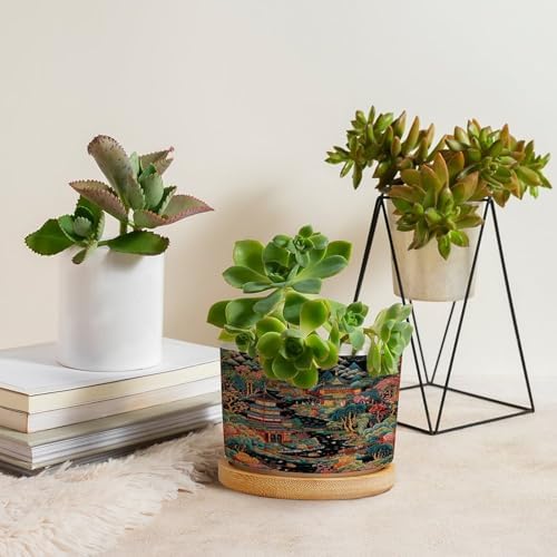 Chinoiserie Coral Asian Planter Ceramic Chinoiserie Chic Asian Round Flower Pot with Drainage Holes and Bamboo Tray Pot for Home Desktop Office Windowsill - Image 4