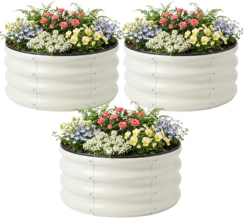 SnugNiture 3 Pcs 2x2x1ft Round Galvanized Raised Garden Bed Kit Outdoor, Metal Planter Box for Planting Plants Vegetables, White by snugniture