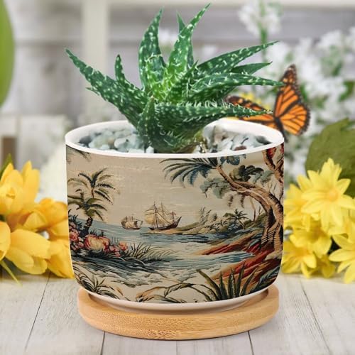 Antique Chinoiserie Planter Ceramic Coral Peony Chic Asian Round Plant Pot with Drainage Holes and Bamboo Tray Pot for Home Office Decoration - Image 6